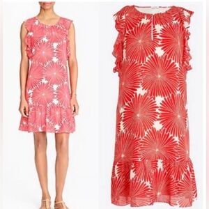 J Crew Factory Retro Red Ivory Flower print Flounce Flutter artsy Dress …